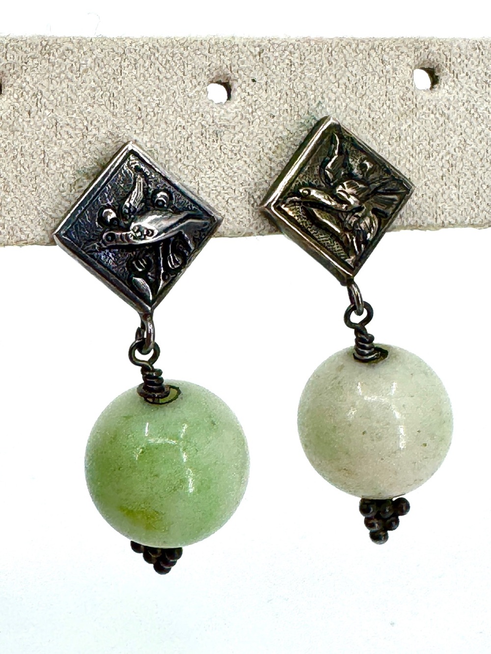 Estate Vintage Jade Stone Drop Earrings with Bird Motif
